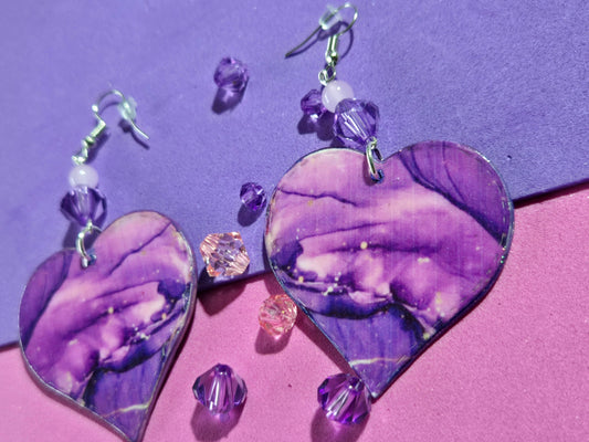 "Amethyst Dream Marble" Heart Earrings