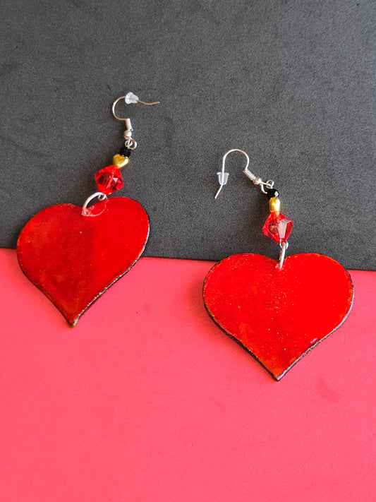 "Deep Red Enamel" Heart Earrings