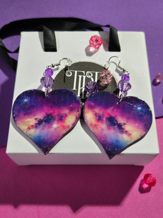 "Cosmic Purple Galaxy" Heart Earrings
